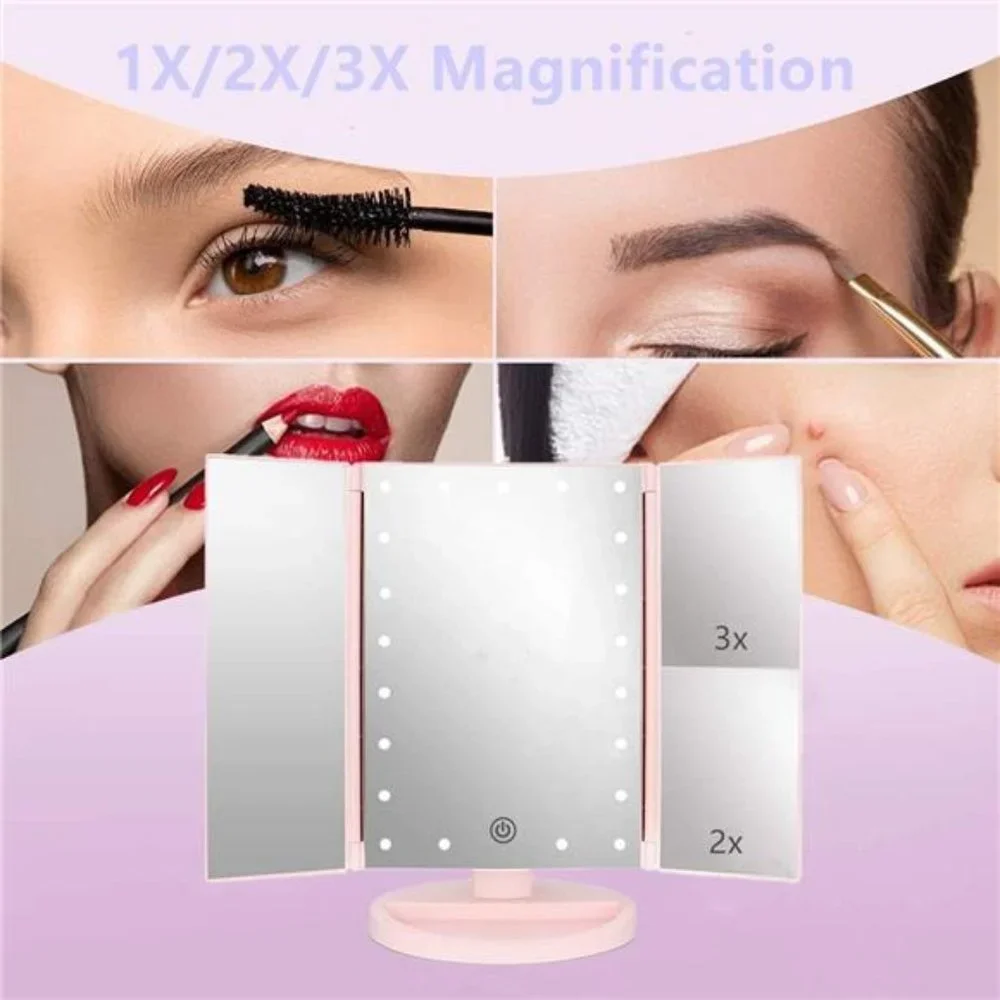 Tri-fold Lighted Vanity Makeup Mirror with 3x/2x/1x Magnification, 21Leds Light